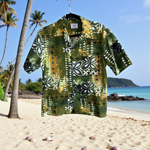Vintage 60's Hawaiian Green Tribal Barkcloth Loop Collar Sears Shirt - Picture 1 of 12